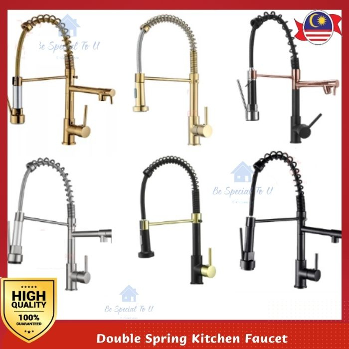 Golden Spring Kitchen Faucet Double Spout Faucet Sprayer Mixer Tap Sink ...