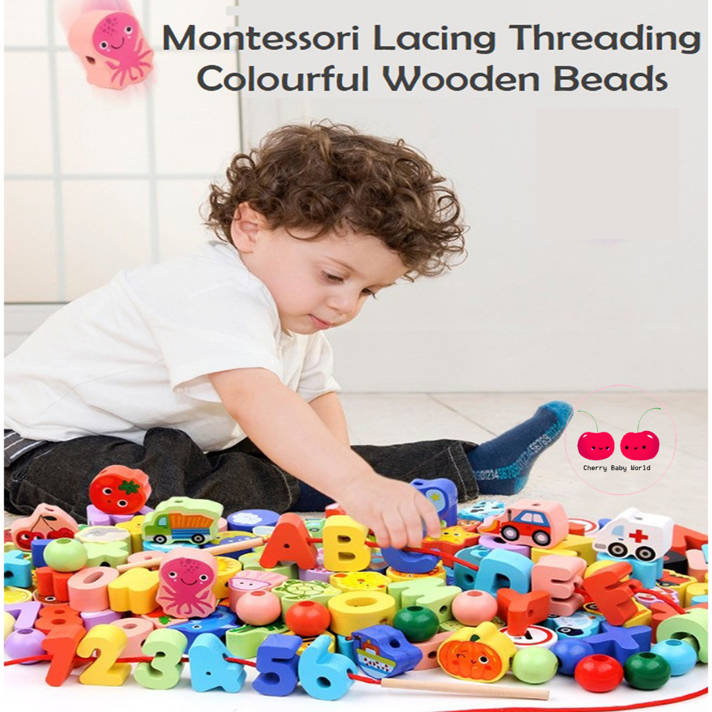 Wooden Lacing Threading Beads Montessori Toy Toddler Fine Movement Hand