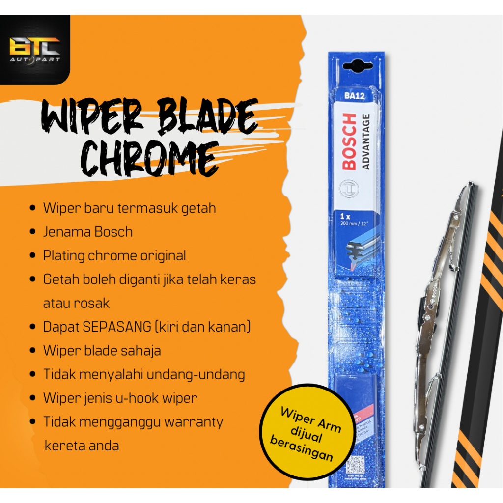 Wiper Blade Chrome Bosch Perodua Myvi / Axia / Viva / Kancil / Kelisa