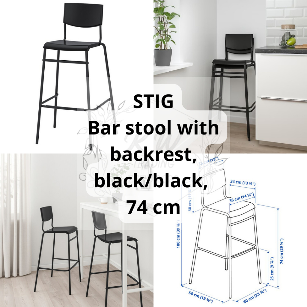 IKEA STIG Bar stool with backrest, Black/Black, 63cm / 74 cm Shopee