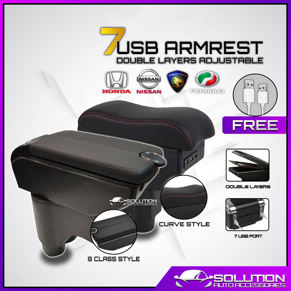 7USB Double Layers Armrest Adjustable Cup Holder Arm rest Perodua Axia Myvi Bezza Almera Honda