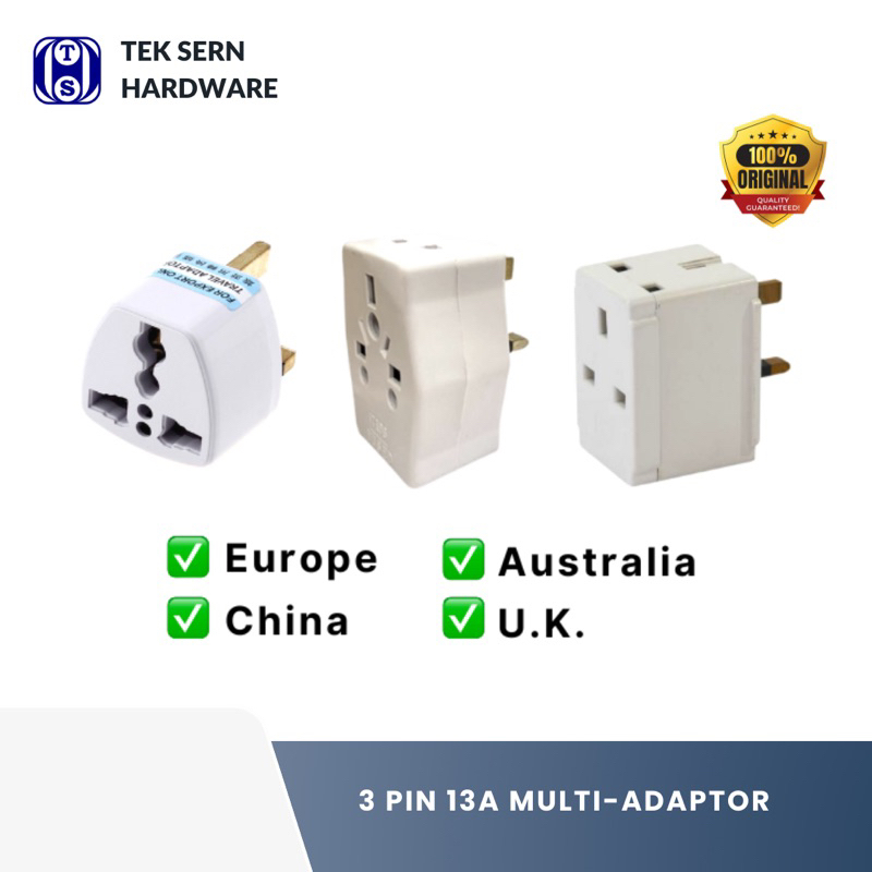 3 PIN 13A MULTIADAPTOR FOR EU/ CN/ AUS/ UK PLUG TOP 3 Pin Universal