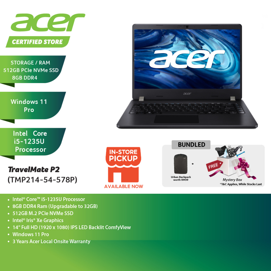 Acer TravelMate P2 TMP214-54-578P 14'' FHD Laptop Black ( I5-1235U, 8GB ...