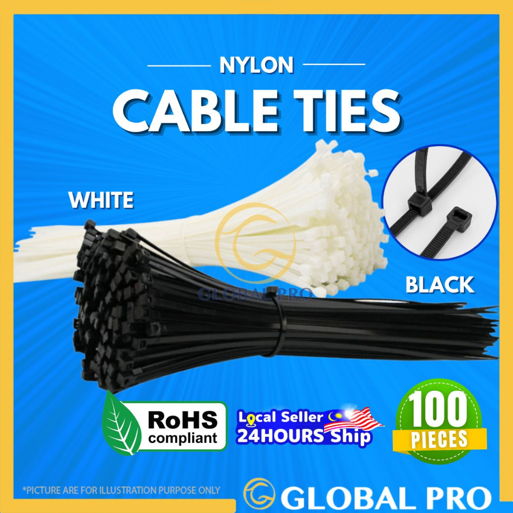 100PCS WHITE/BLACK Cable Tie Heavy Duty Cable Ties Nylon Pengikat Wire