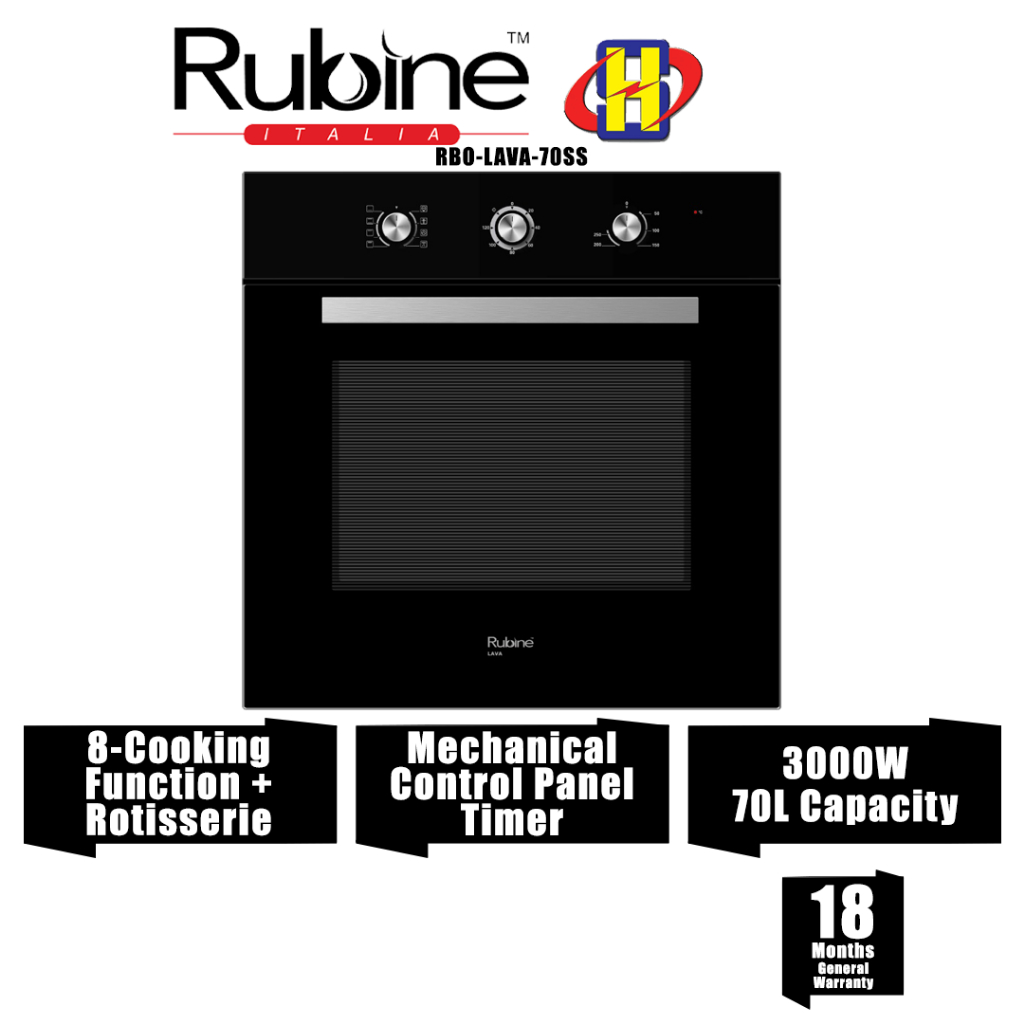 Rubine BuiltIn Oven (70L / 3000W) 8Cooking Functions Mechanical Timer