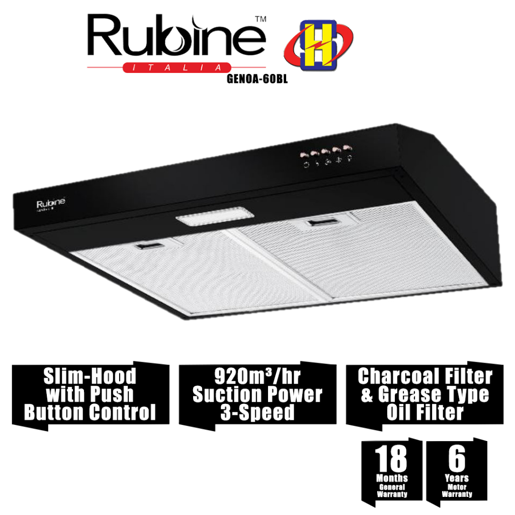 Rubine Cooker Hood (60cm) 3-Speed Push Button LED Charcoal Filter Slim ...