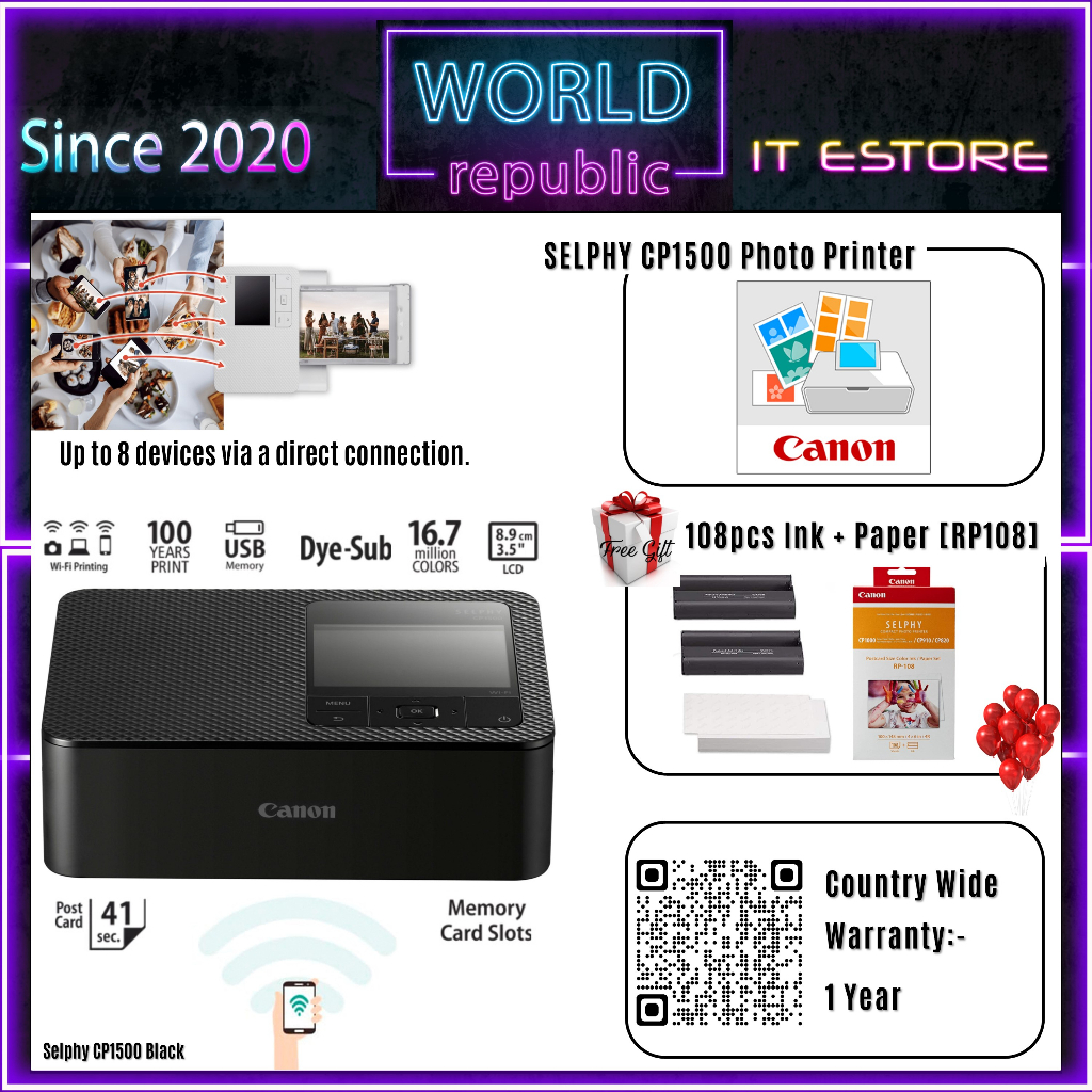 Canon CP1500 Selphy Wireless Printer - 4R - Black Colour - RP108 Option ...