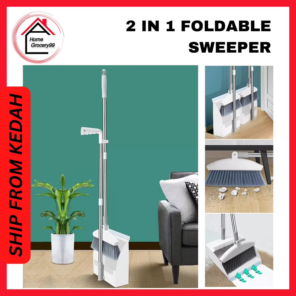 2 in 1 Foldable Sweeper Penyangkut Broom Standing Dustpan Teeth Set ...