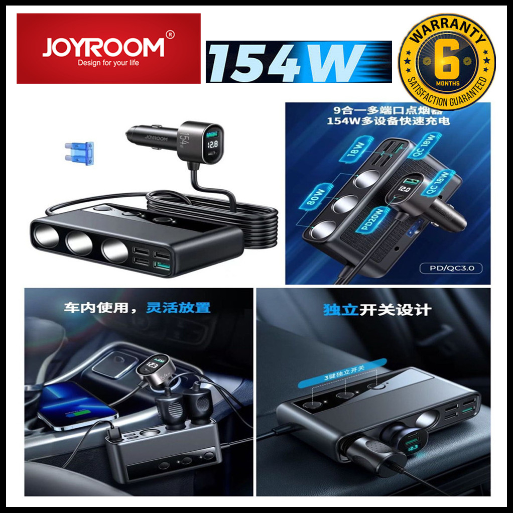 Autolader JOYROOM JR-CL06 Multi-Port (zwart) | Premium 154W multi-port sigarettenaansteker splitter voor in de auto met PD en QC3.0 snel opladen