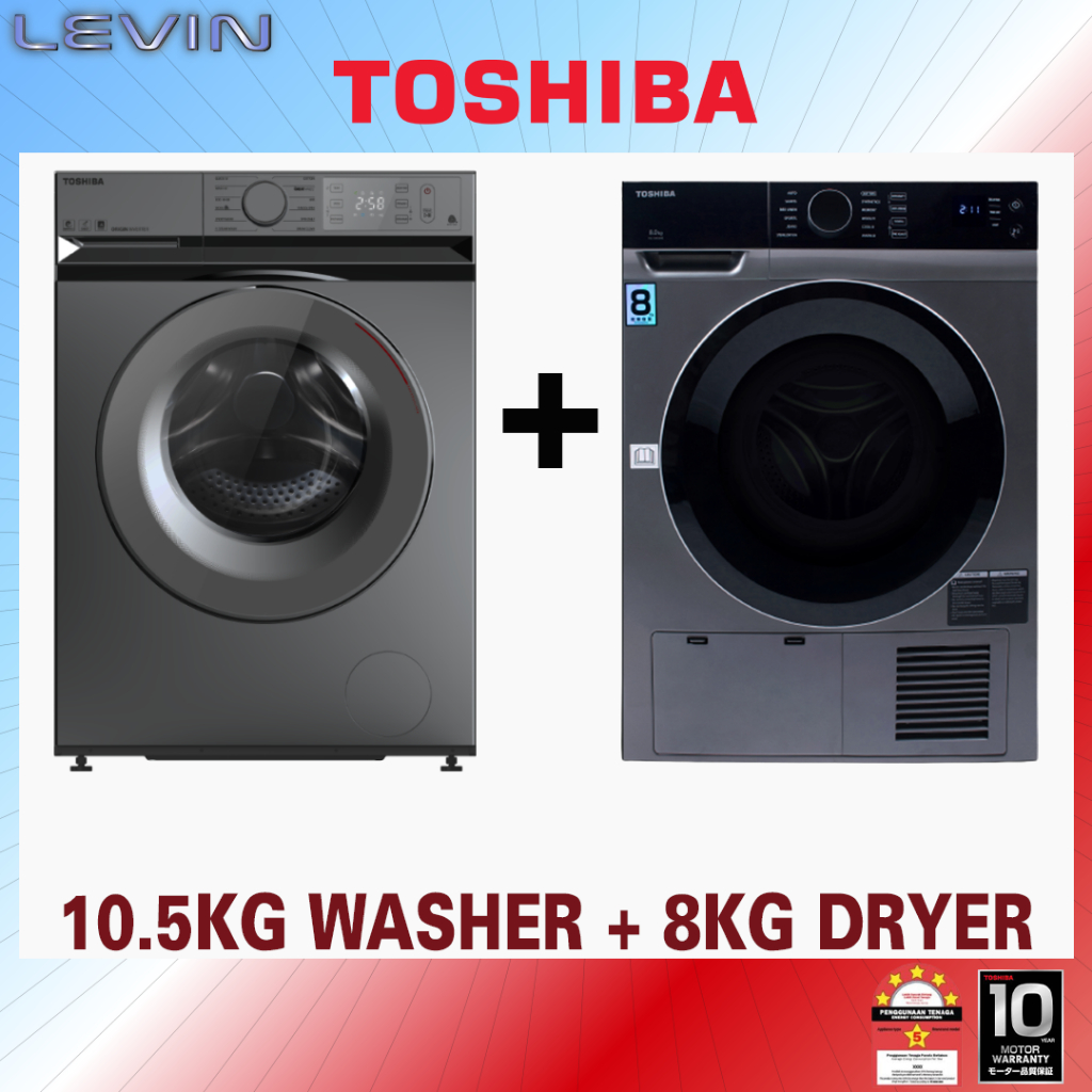 Toshiba 10.5KG+8KG Front Load Auto Washing Machine & Condenser Dryer