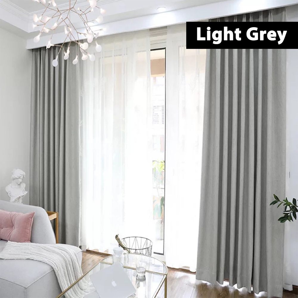 [1PC | Ring Type] Plain Color Blackout Linen Curtain Window Curtain ...