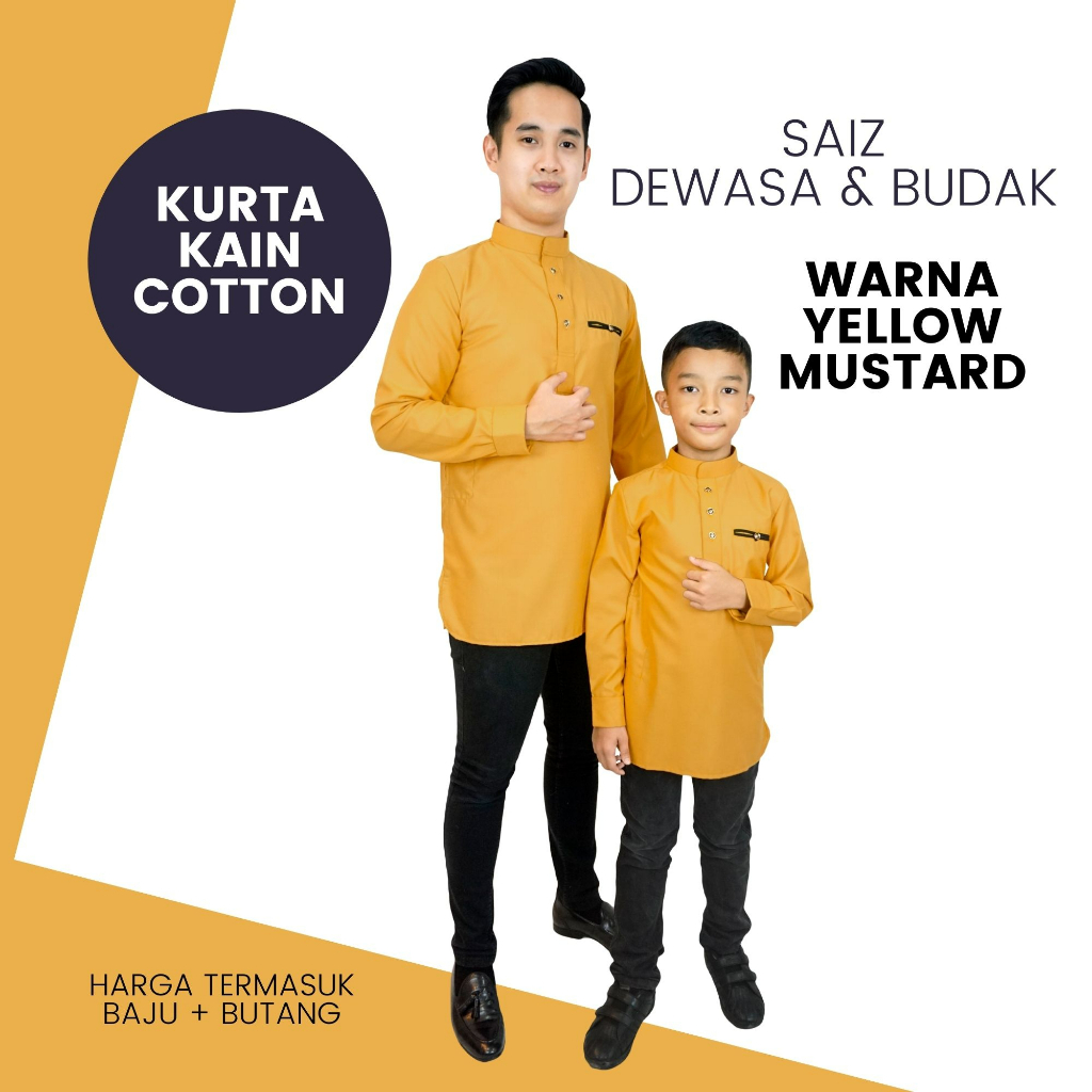 Ready Stock Kurta Slim Fit Cotton Warna Mustard Yellow Dewasa And Budak C003k Kurta Raya 8170