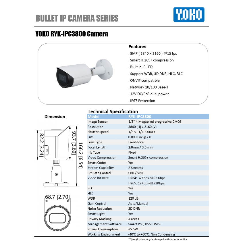 YOKO RYK-IPC3800 4K Network Bullet Camera Starlight | Shopee Malaysia