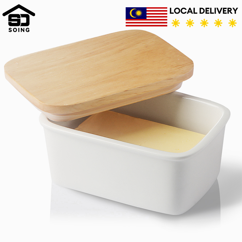 SOING Nordic Butter Box Ceramic Butter Plate with Wood Lid Large Butter