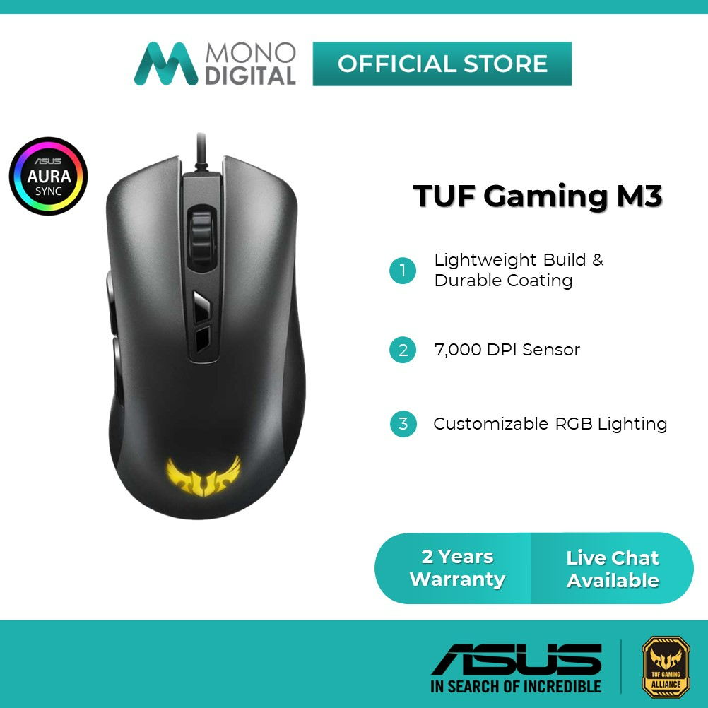 ASUS TUF Gaming M3 Ergonomic Wired RGB Gaming Mouse with 7000 DPI Sensor, Lightweight, 7