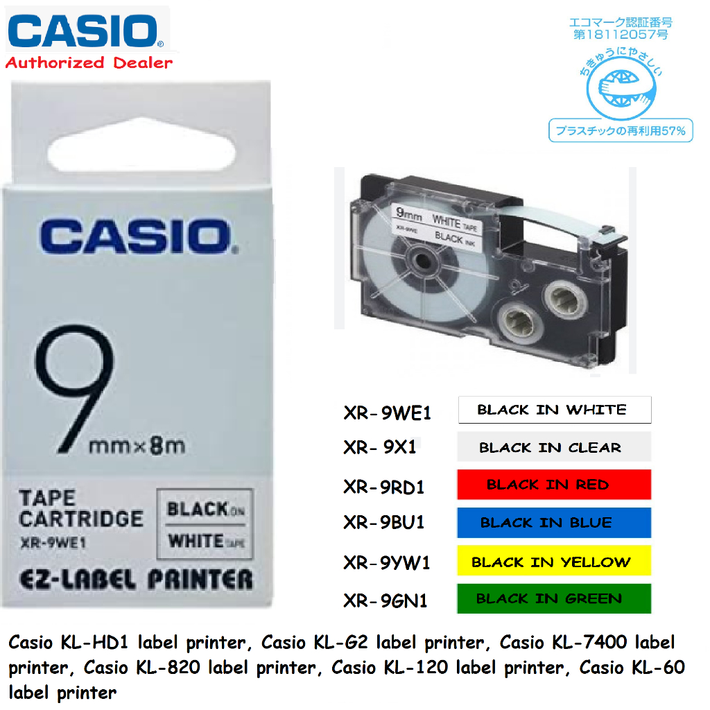 CASIO EZ Label Printer Tape 9MM X 8M XR9 Label Ink Cartridge, CASIO KL