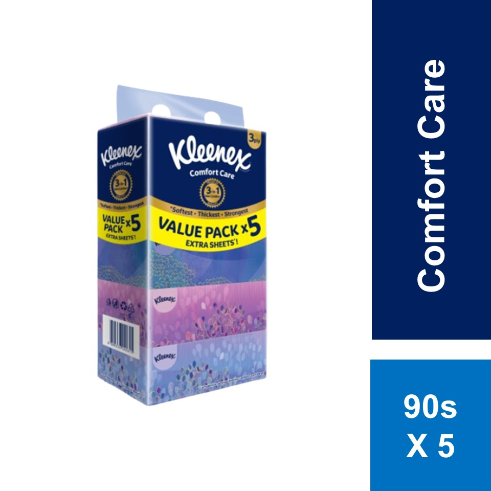Kleenex Facial Tissue Box Comfort Care Design 3 PLY (90's x 5 boxes