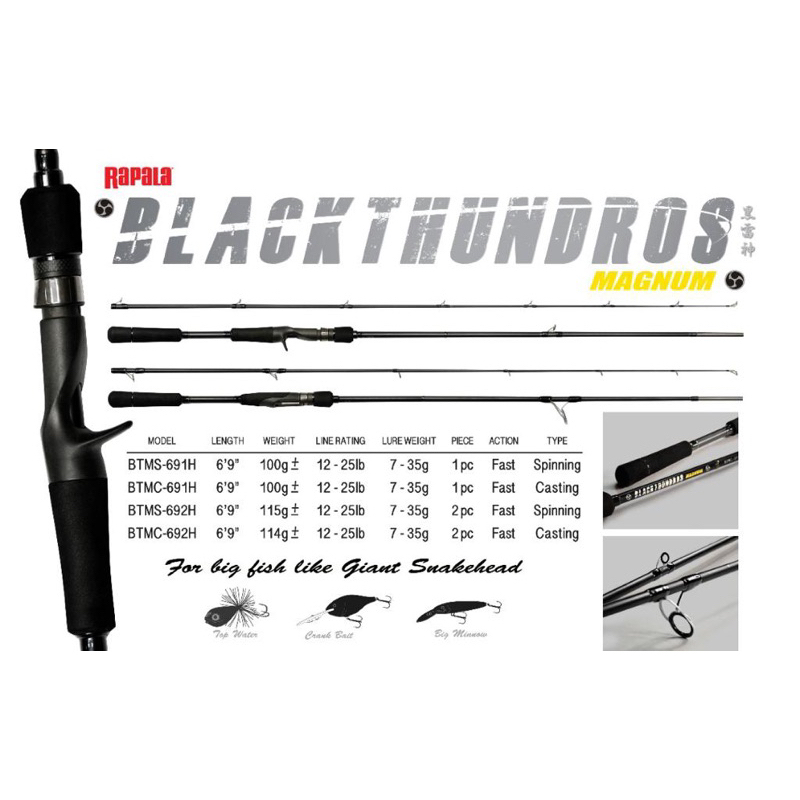 RAPALA Black Thundros Magnum 黑雷神 Baitcast & Spinning Rod BC Baitcasting ...