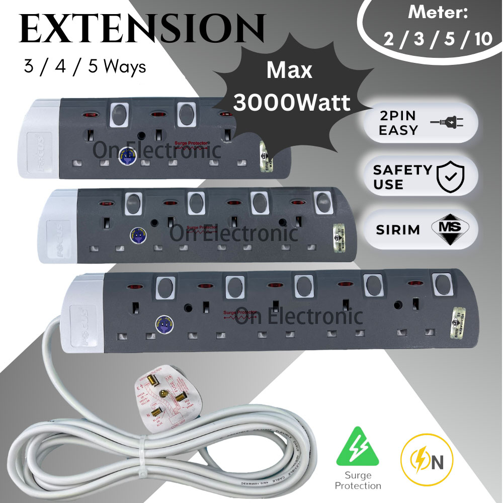 3/4/5 Gang Extension Trailing Socket 3000WATT with Neon Plug Adaptor ...