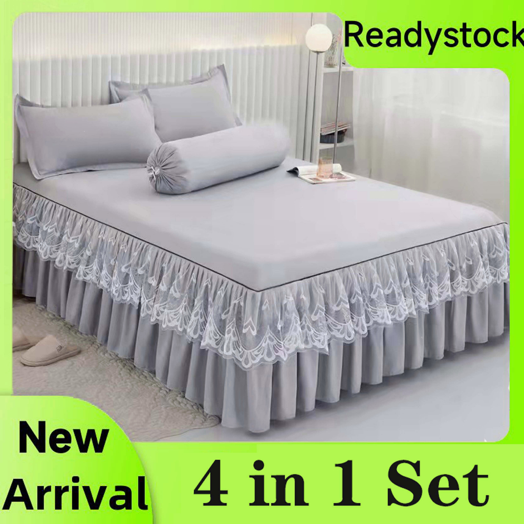 [ReadyStock] 4 in 1 set cadar Ropol plain color cotton Lace bedSheet ...