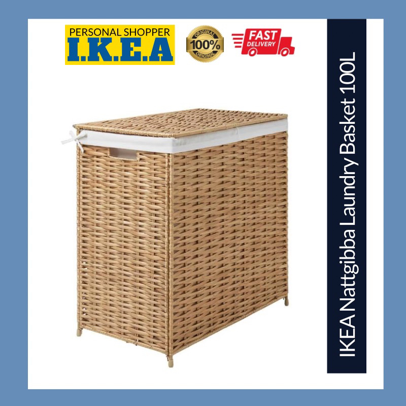 IKEA NATTGIBBA Branas Laundry Basket Bag Willow Rattan With Lining Compartment Divider Lid 100L