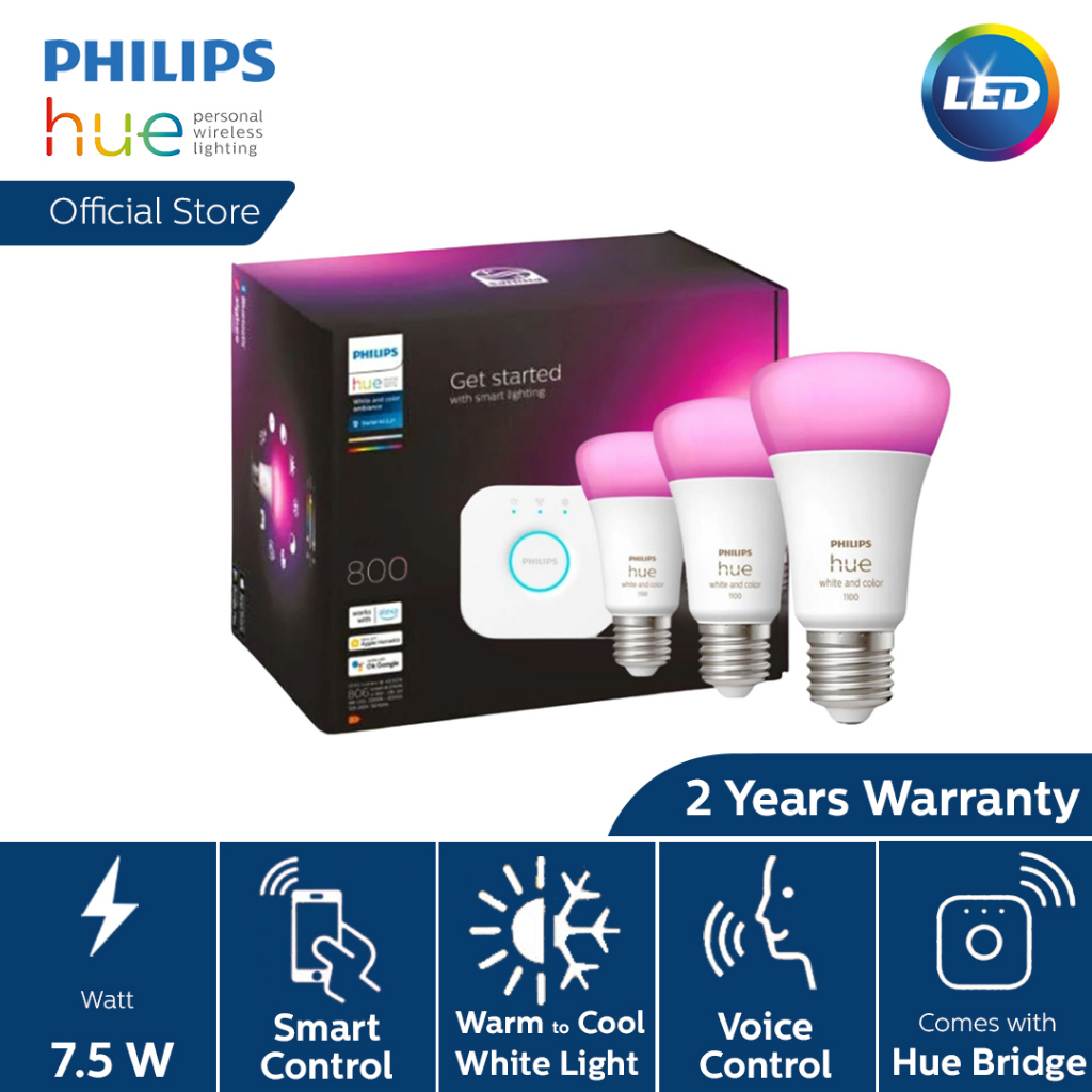 Philips Hue Smart LED Light Starter Kit - White & Colour Ambiance A60 ...