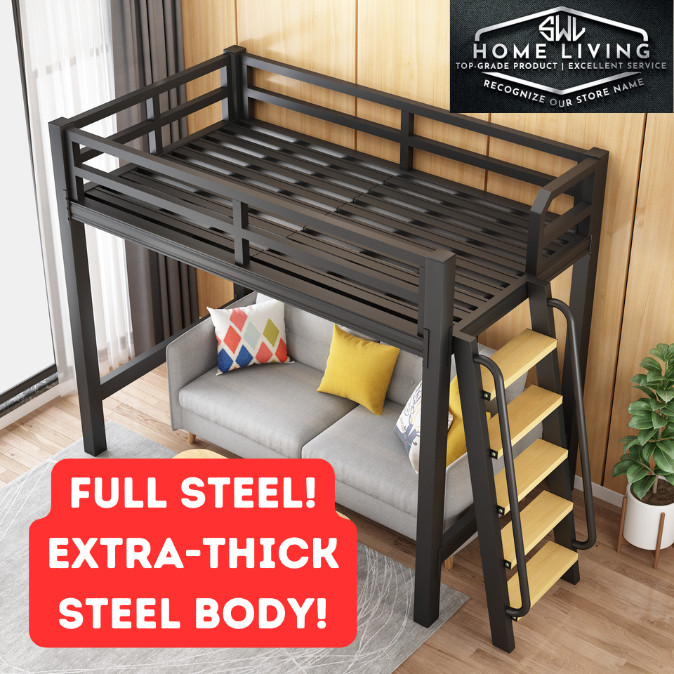 Strong Metal Loft Bed Queen King Size Double Decker Elevated Bunk Bed