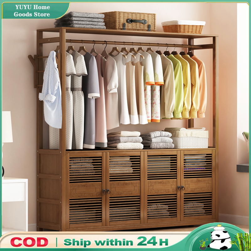 Wardrobe Wood Clothes Rack With drawer Bamboo Multifunction Hat Coat ...