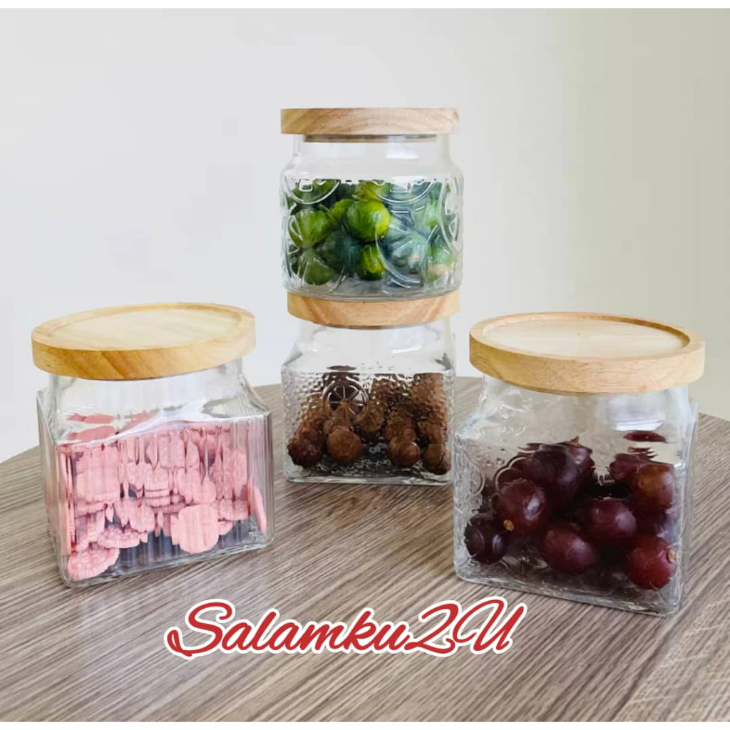 Multipurpose Embossed Glass Food Storage Jar with Bamboo Lid Airtight