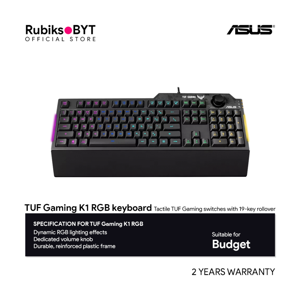 ASUS TUF Gaming K1 RGB keyboard with dedicated volume knob, spill