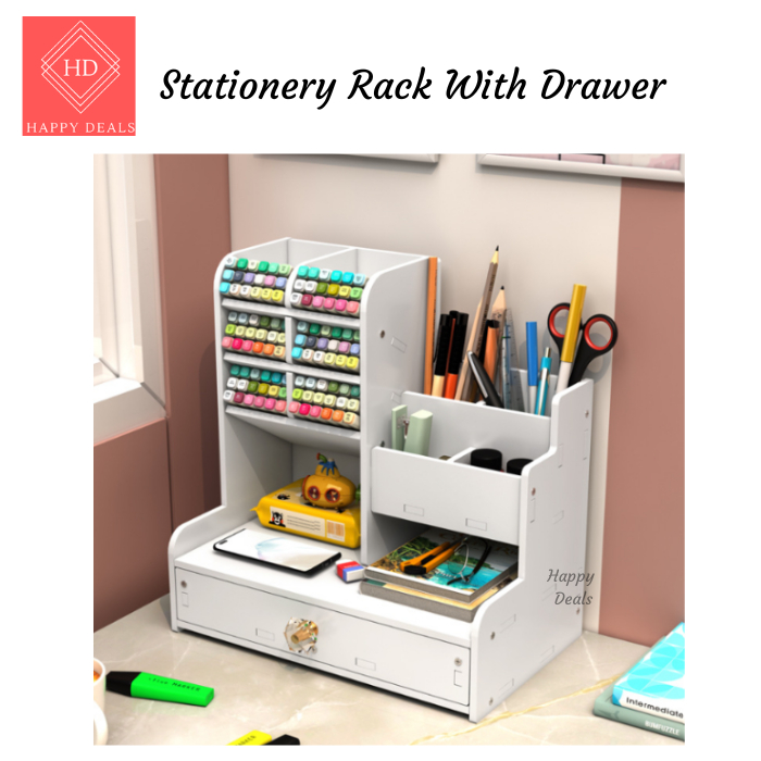 Wooden White Desk Organizer, Large Capacity DIY Pen Holder Box, Desktop