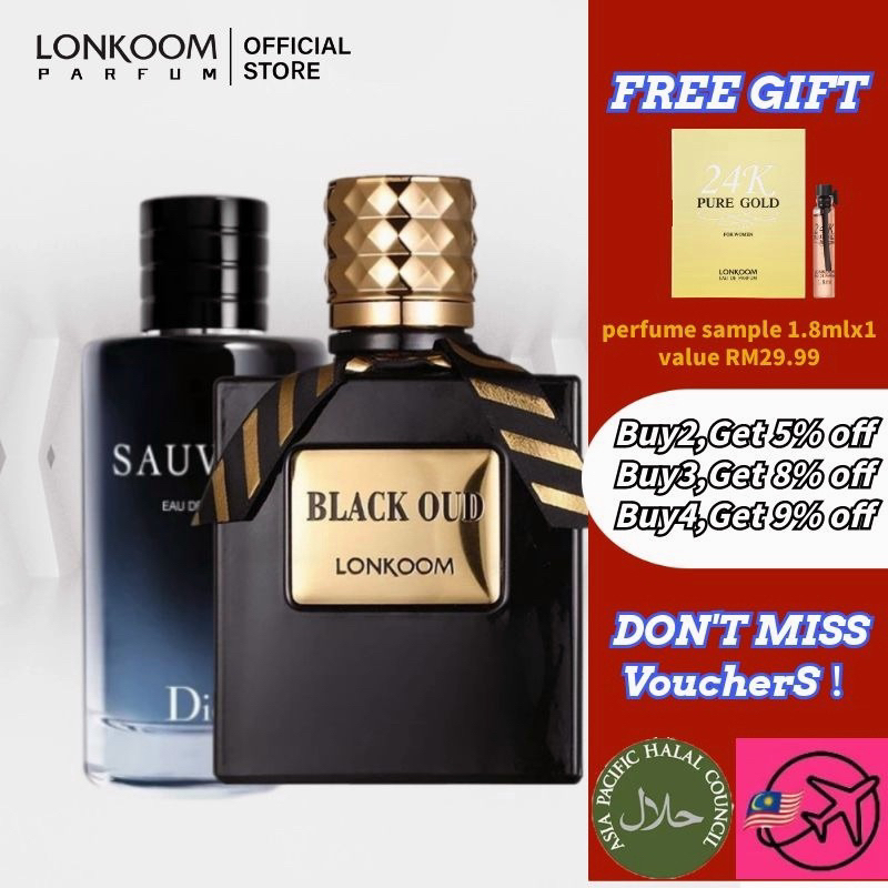 LONKOOM 100ml Mens Perfume Black OUD Sesuai Untuk Aktiviti Indoor dan Outdoor Khas Untuk Lelaki