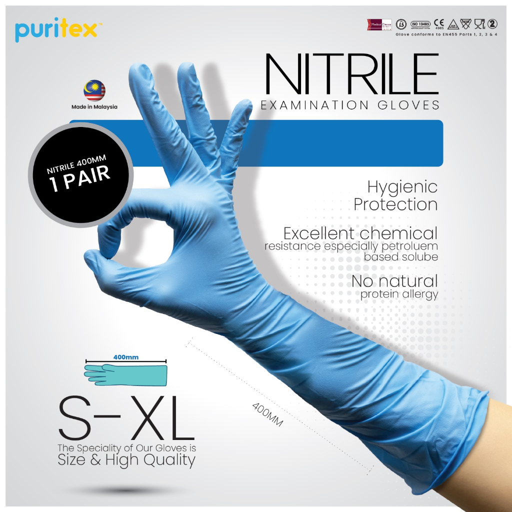 Puritex Nitrile 400mm Powder Free Examination Gloves, Long glove, Elbow