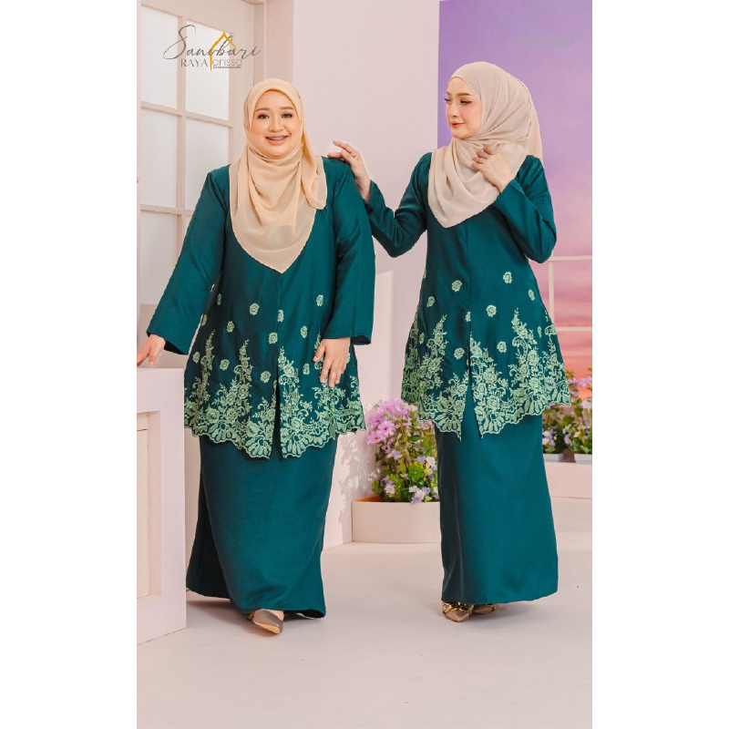 Baju Kurung Bercorak Sulam Emerald Green Ironless Saiz S 5xl Plus