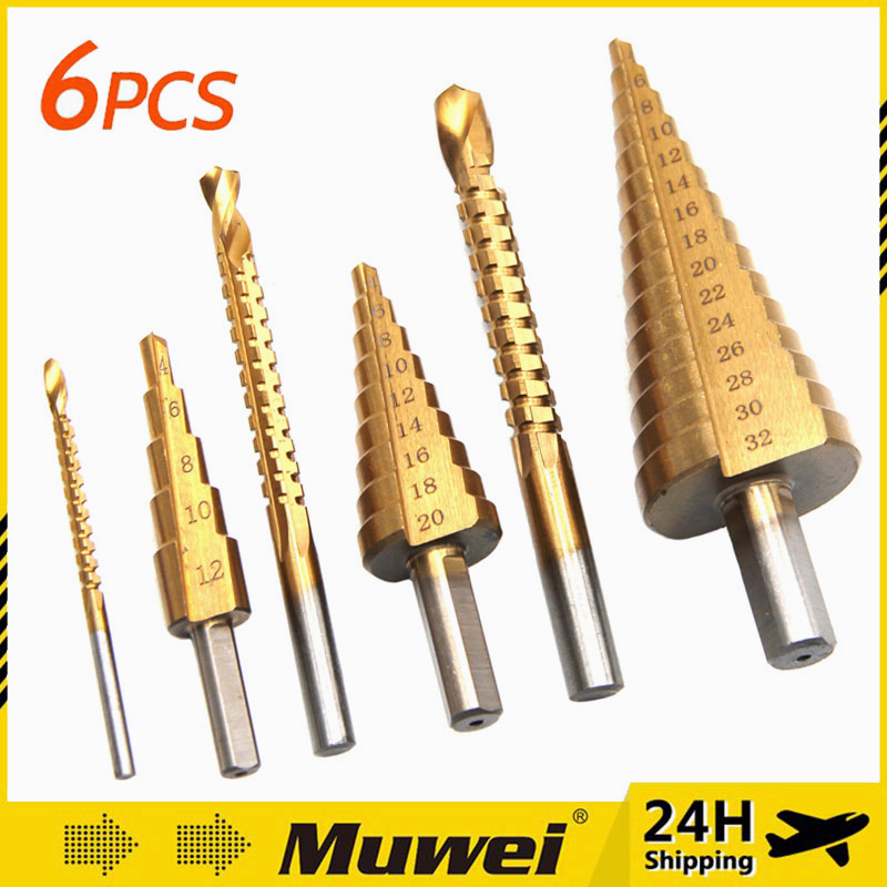 6Pcs Gerudi Step Drill Bit Titanium Coated HSS Drill Bit Universal Hole