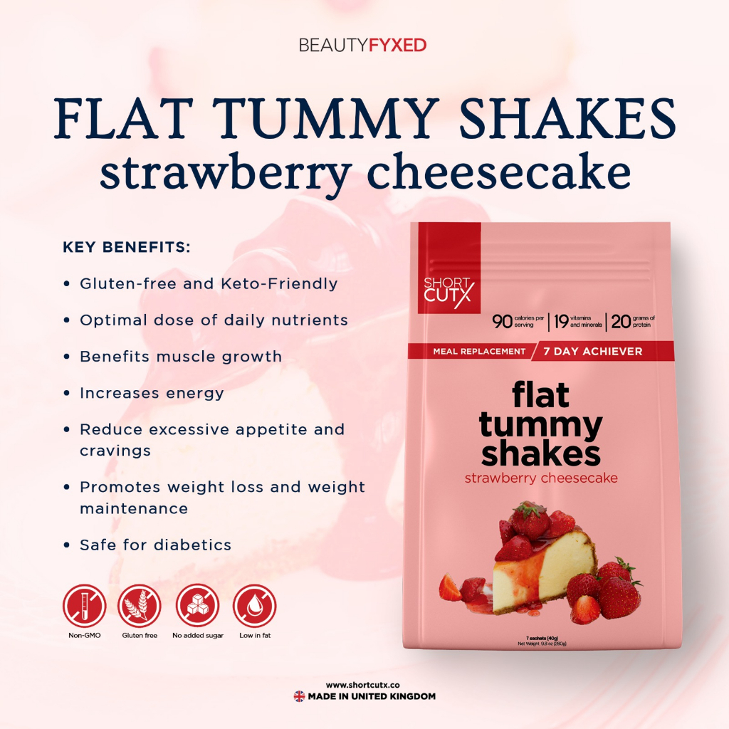 Shortcutx Flat Tummy Shakes • Meal Replacement • Produk Dari UK • Chocolate  Brownie & Strawberry Cheesecake Flavour StrawberryCheesecake