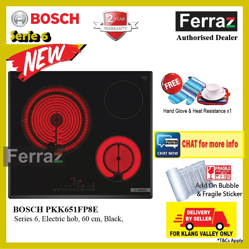 BOSCH PKK651FP8E Series 6 Radiant Ceramic Hob, 3 Zones 60cm Direct