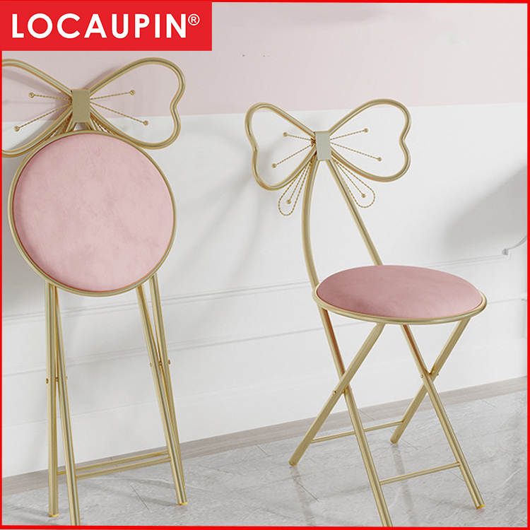 Locaupin Modern Pink Flannel Makeup Vanity Chair Stool,folding Cute 