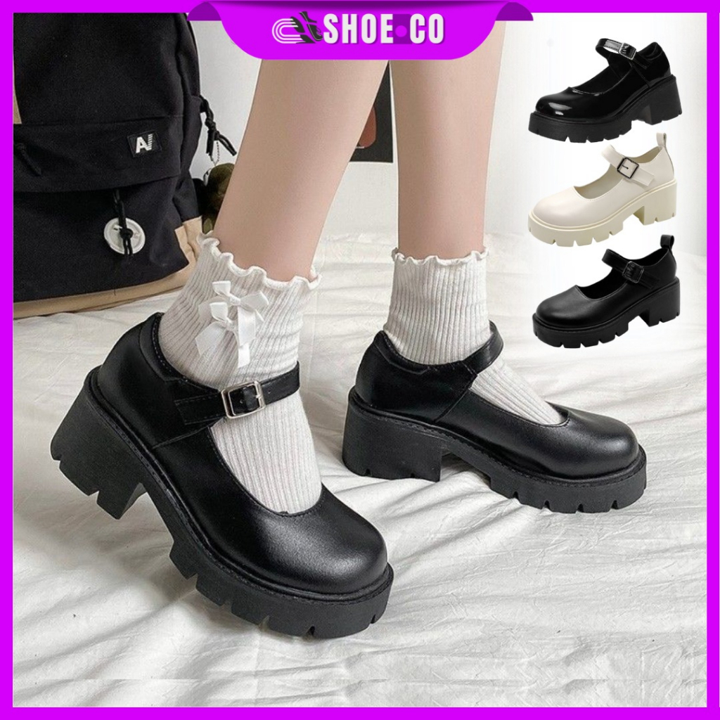 SHOE.CO British Buckle Mary Jane Glossy Matte Black Boot Women s HighHeel Sandal Kasut Perempuan Outdoor Sneakers Shoes Shopee Malaysia