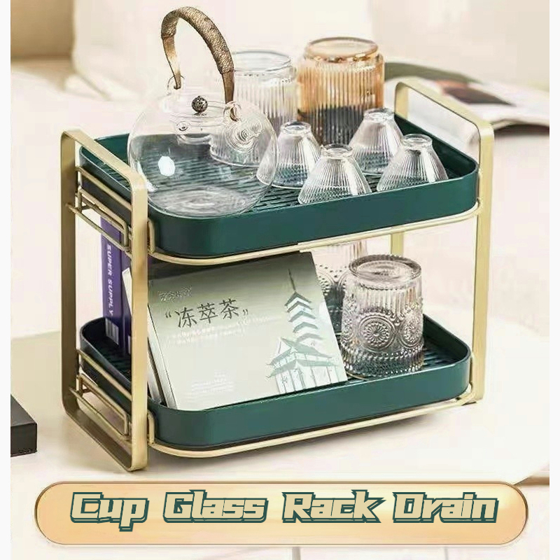 READY!! Water Cup Shelf Drain Rack Desktop Double Tray Storage Tea Cup ...