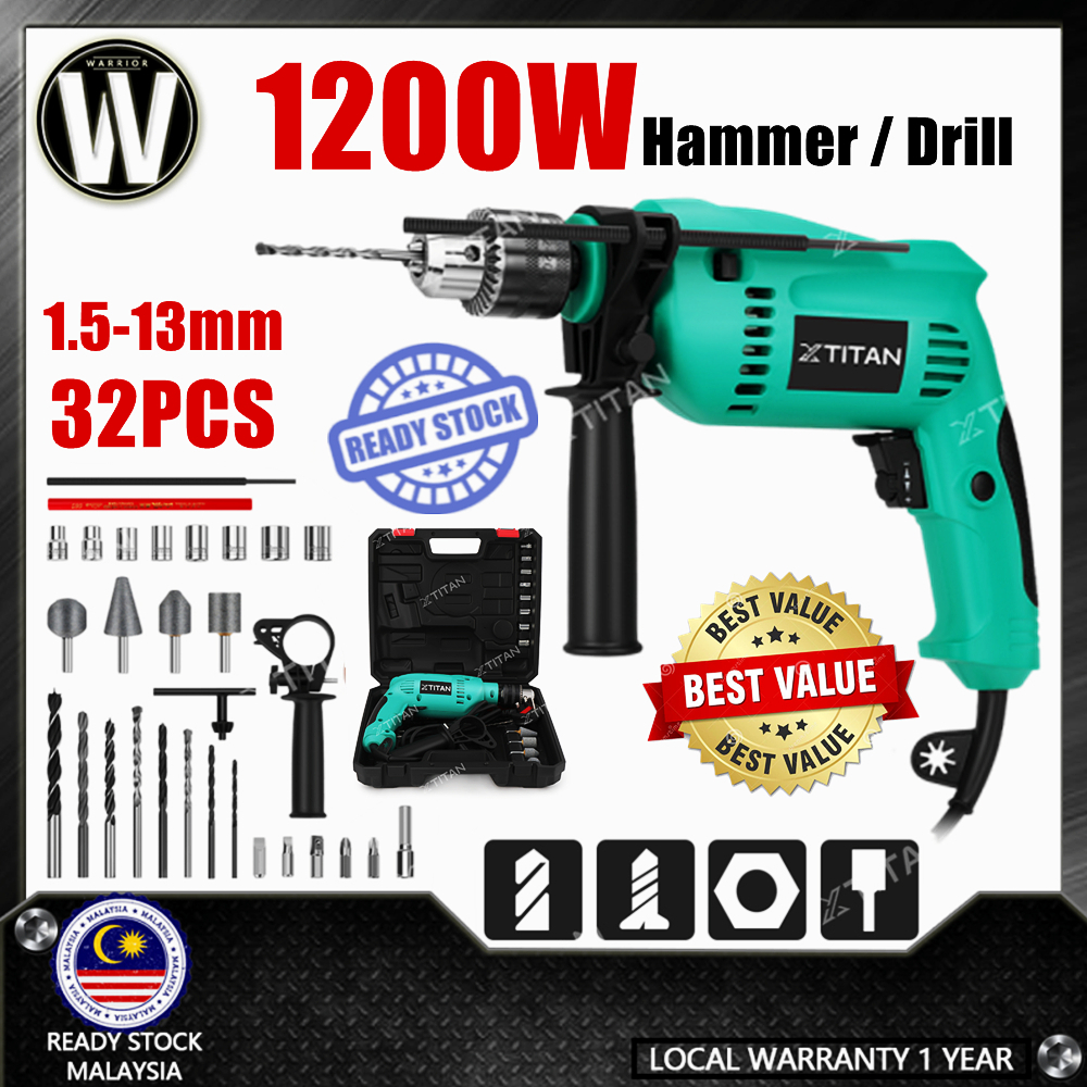 XTITAN 32PCS Impact Hammer Drill Set Tool Set 1200W for Mesin Tebuk