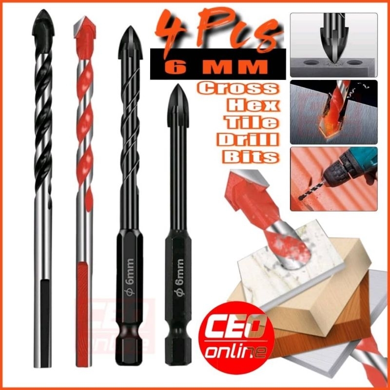 CEO 🇲🇾 4pcs 6mm Cross Hex Tile Drill Bits Set for Glass Ceramic ...