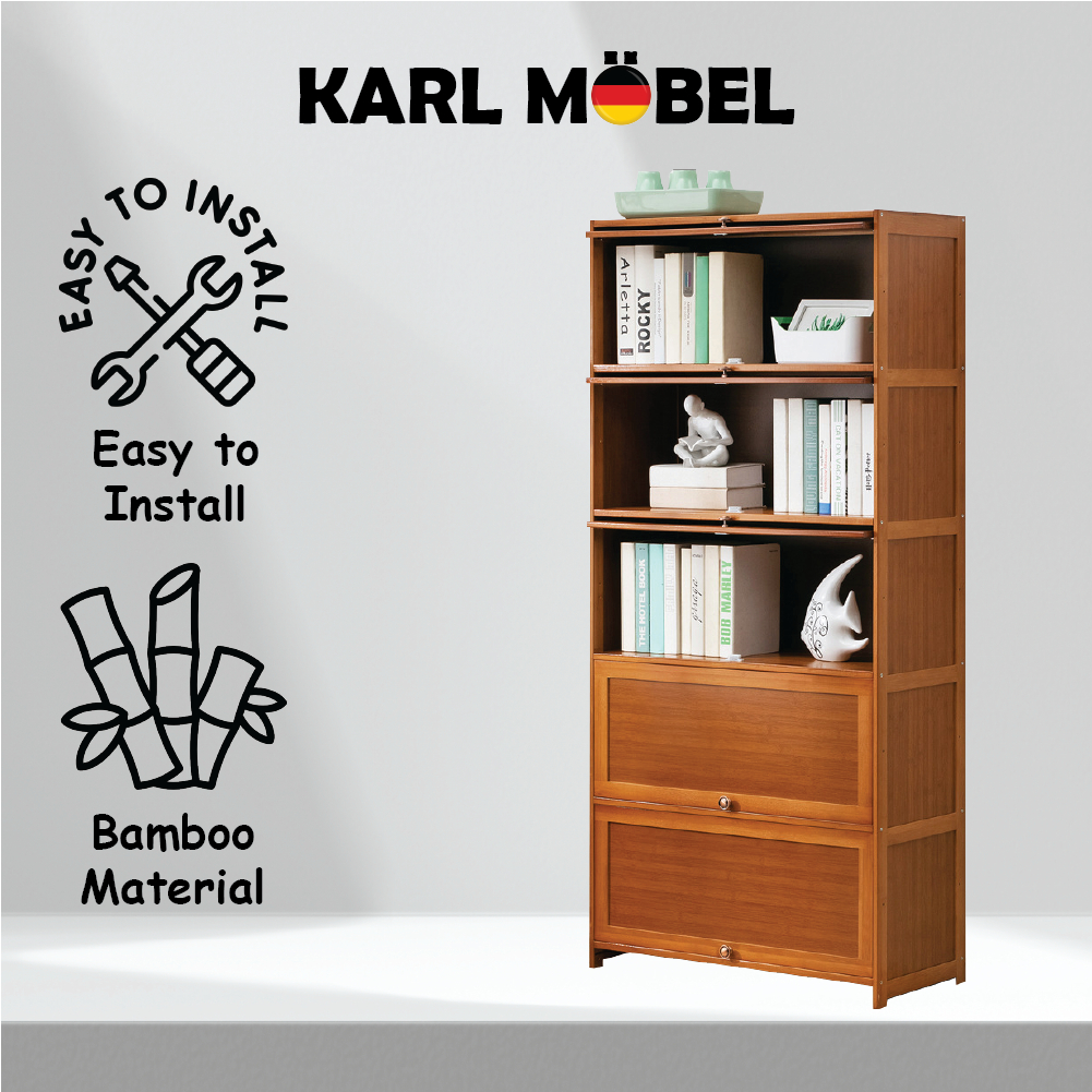 Bookshelf Bamboo book rack storage Rak buku 3 4 5 tier Flip door living