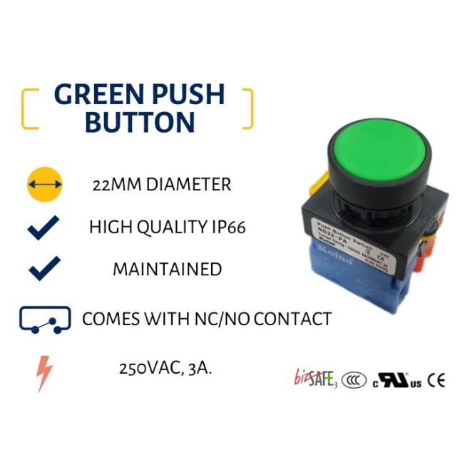 Koino Green Push Button Control Switch IP66. Maintained / latched. 1 NO ...