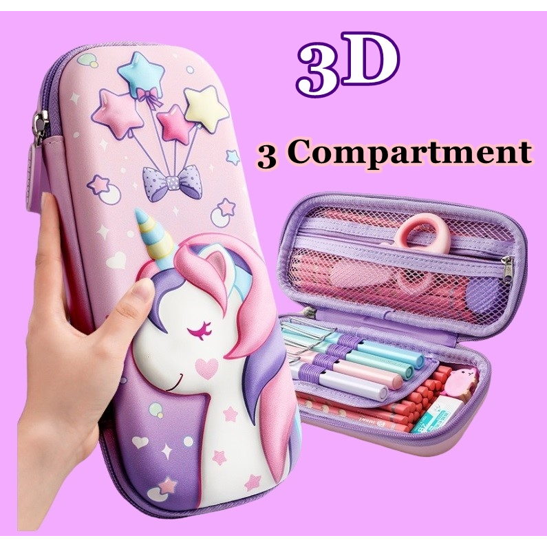 3D Pencil Box Cartoon Unicorn Pencil Case EVA Stationery Box Kotak ...