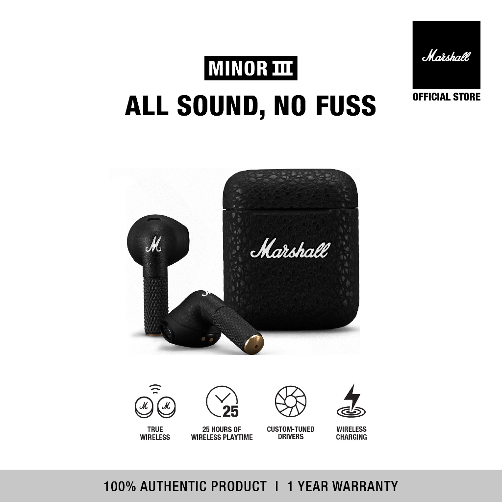 [OFFICIAL] MARSHALL MINOR III BLACK - earphone bluetooth, wireless  earphone, [1 year warranty + Free shipping]