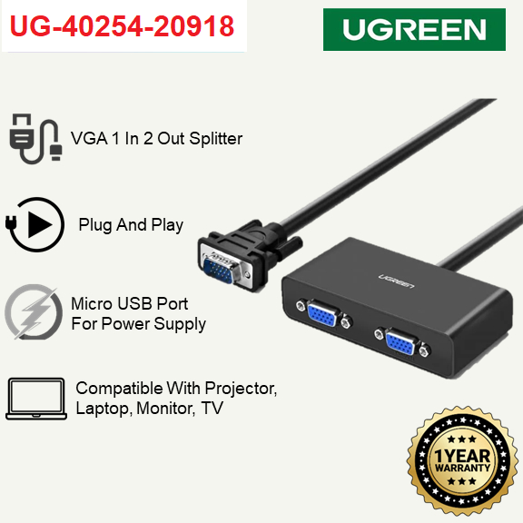 UGREEN Répartiteur VGA 1 Vers 2 - Dupliquez L'Image Sur Deux Écrans En Haute Résolution 1080P