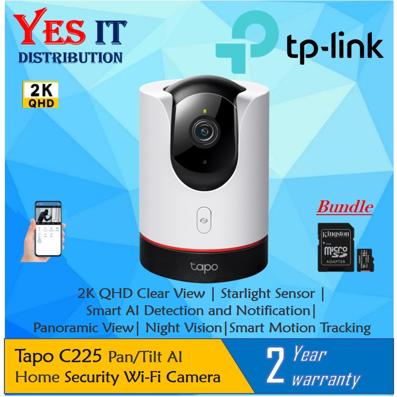 TPlink TAPO C225 Pan/Tilt AI Home Security WiFi Camera + Kingston
