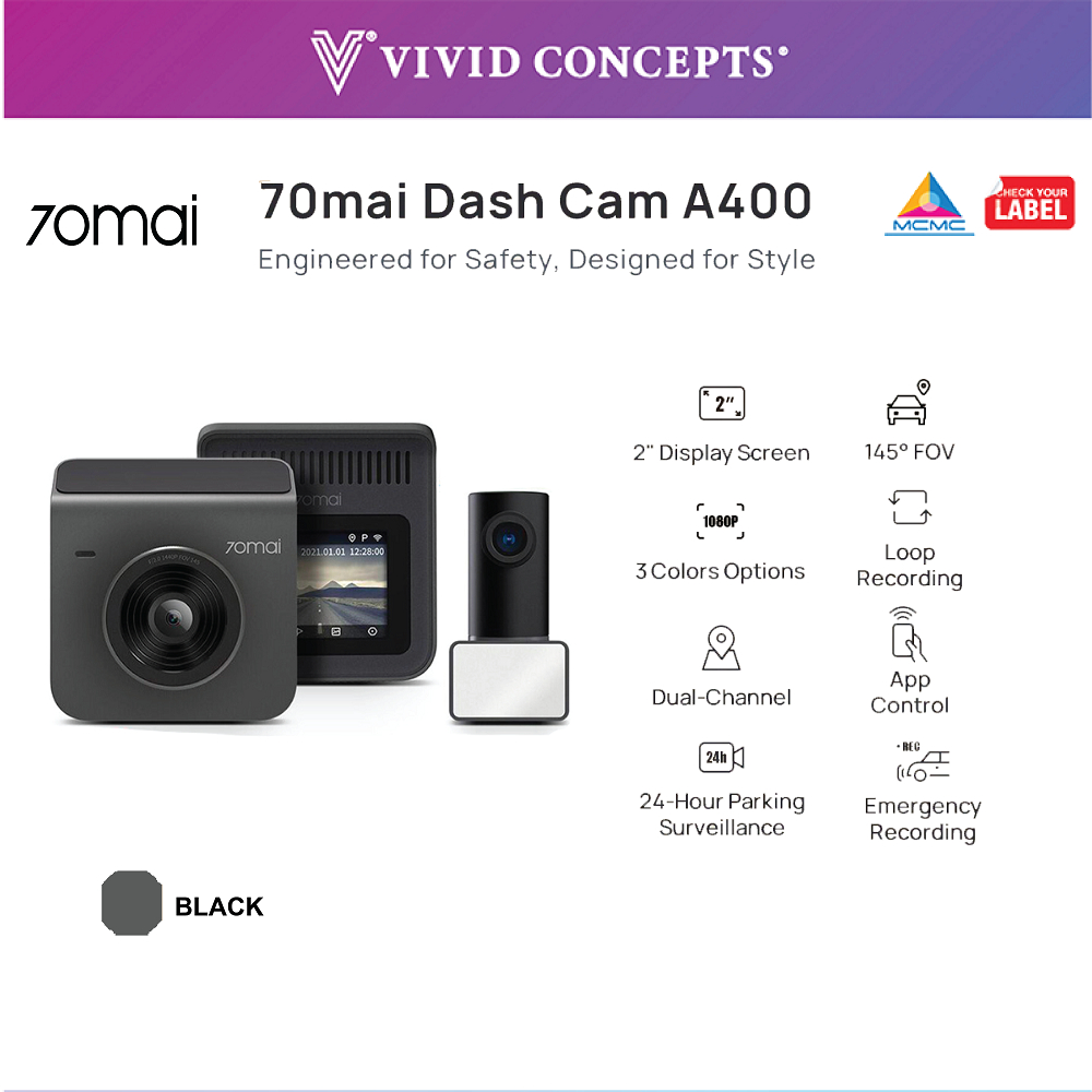 70mai Dash Cam A400 + Rear Cam Set (RC09) - 1440P Quad HD | Loop ...