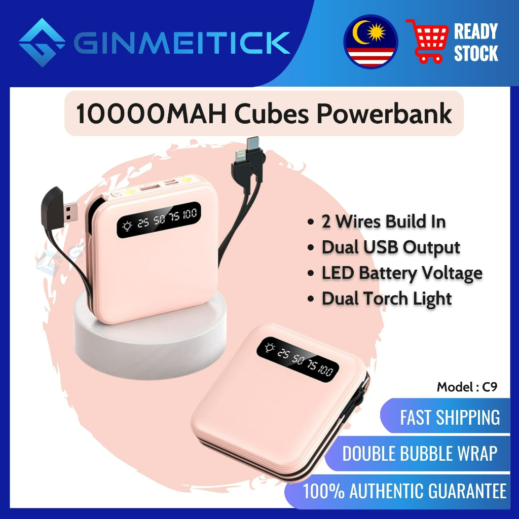 Cubes Mini 10000mAh Powerbank Fast Charging With 2 Wires Build in Model